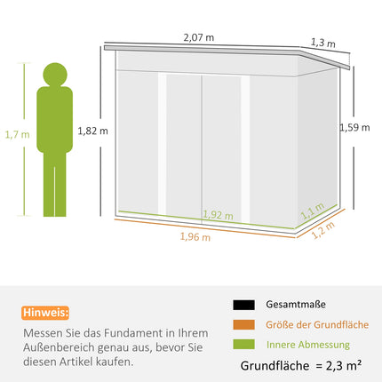 Magazin de scule metalic 2,3 m² 207 x 130 x 182 cm cu toc de podea pentru fereastră de acoperiș închis verde
