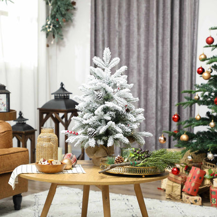 Mini Christmas Tree 60 cm with 35 LED Lights and Snow Effect, Timer, White