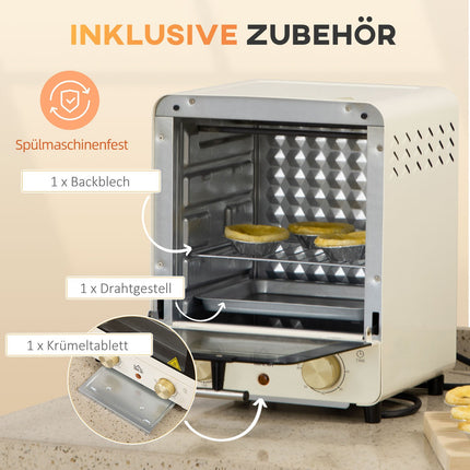 Cuptor mini 15L, temporizator 1 ora, 60-230°C, cuptor pizza cu aer circulat, 1000 W, cuptor mini cu set tava, tava pesmet, alb crem