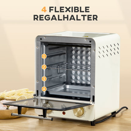 Cuptor mini 15L, temporizator 1 ora, 60-230°C, cuptor pizza cu aer circulat, 1000 W, cuptor mini cu set tava, tava pesmet, alb crem