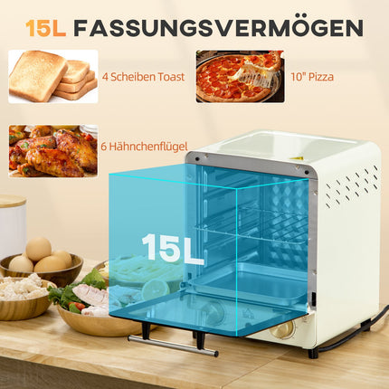 Cuptor mini 15L, temporizator 1 ora, 60-230°C, cuptor pizza cu aer circulat, 1000 W, cuptor mini cu set tava, tava pesmet, alb crem