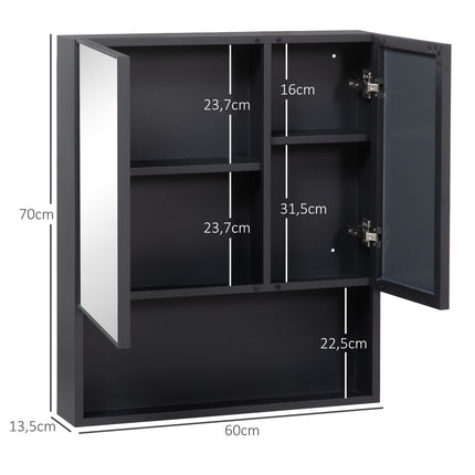 Black bathroom mirror cabinet, 5-tier double door, 60x13.5x70cm