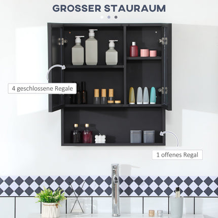 Black bathroom mirror cabinet, 5-tier double door, 60x13.5x70cm