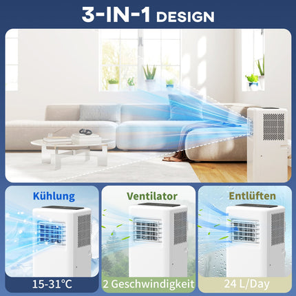 Aer condiționat mobil Aer condiționat 3 în 1 cu răcire, dezumidificator, ventilator, furtun de evacuare, răcitor de aer automat de 9000 BTU cu telecomandă, temporizator, blocare pentru copii, alb |