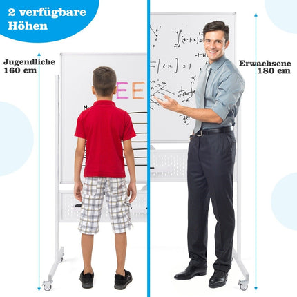 Tablă albă mobilă cu două fețe 120x90 cm cu suport și roți