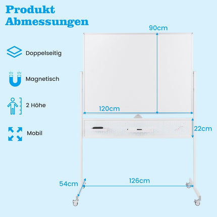 Tablă albă mobilă cu două fețe 120x90 cm cu suport și roți