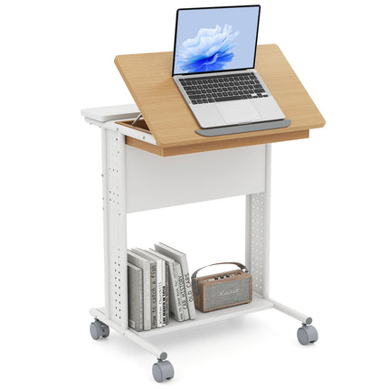 Birou mobil pentru laptop cu blat rabatabil, spațiu de depozitare, roți