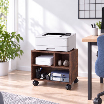 Mobile Printer Stand with Castors and 3 Compartments, Brown Wood Look