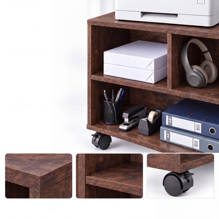Mobile Printer Stand with Castors and 3 Compartments, Brown Wood Look