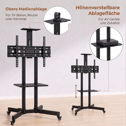 Mobile TV Stand on Wheels for 32-75 Inch TVs with Tilt, Height Adjustable, Black