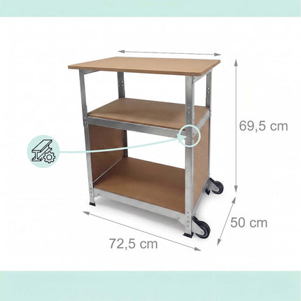 Banc de lucru mobil cu roți, placă perforată, înălțime reglabilă