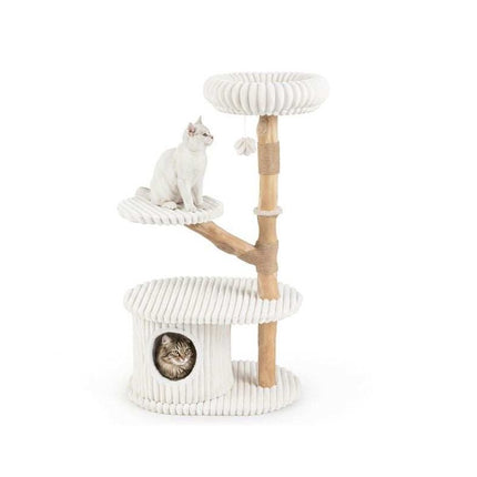 Modern 41 Inch Cat Tower with Real Wood Branches, Scratching Posts, Beige