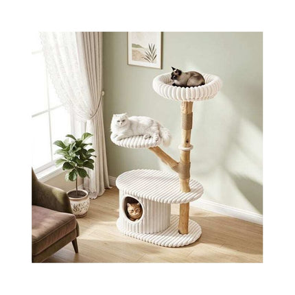 Modern 41 Inch Cat Tower with Real Wood Branches, Scratching Posts, Beige