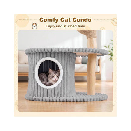 Modern 41 Inch Cat Tower with Real Wood Branches, Scratching Posts, Grey