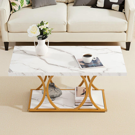 Modern Faux Marble Coffee Table, 2-Tier Metal Frame