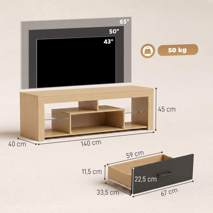 Comodă TV modernă din stejar cu rafturi reglabile din sticlă, 65 de inci