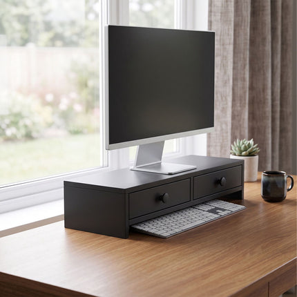 Suport monitor cu 2 sertare, MDF negru, 47 cm