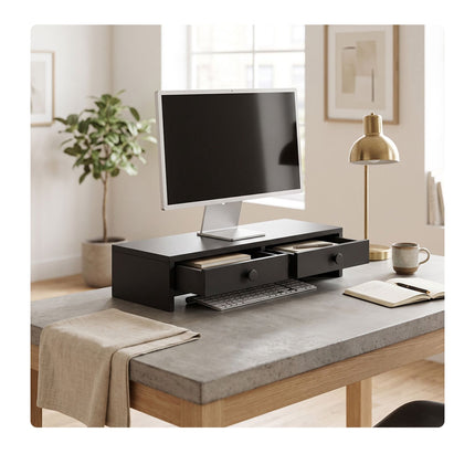 Suport monitor cu 2 sertare, MDF negru, 47 cm