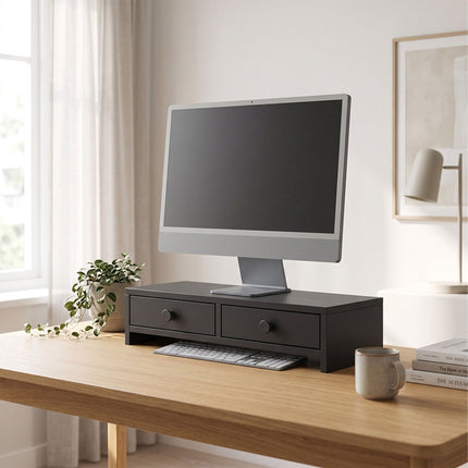 Suport monitor cu 2 sertare, MDF negru, 47 cm