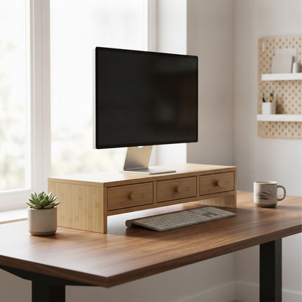 Suport monitor cu 3 sertare, aspect lemn, MDF