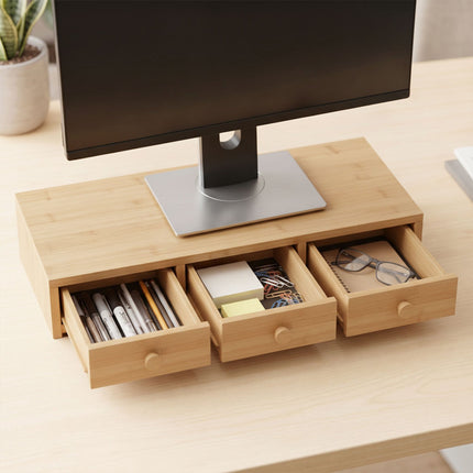 Suport monitor cu 3 sertare, aspect lemn, MDF