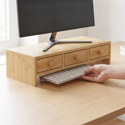 Suport monitor cu 3 sertare, aspect lemn, MDF