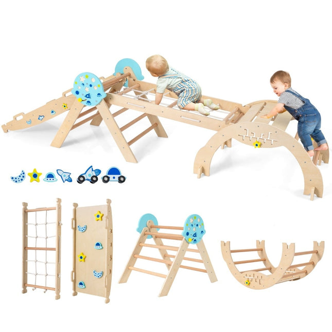 Set de cățărat Montessori 9 în 1 din lemn cu tobogan și rampă