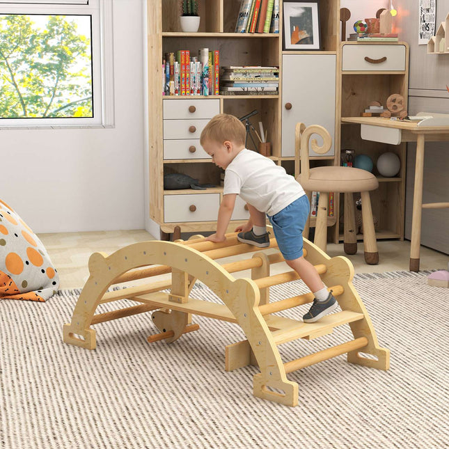 Arc de cățărat Montessori pentru interior, balansoar din lemn 2 în 1, 110x52x45 cm