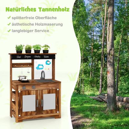 Mud kitchen children outdoor children's kitchen fir wood with 4 cooking pots brown