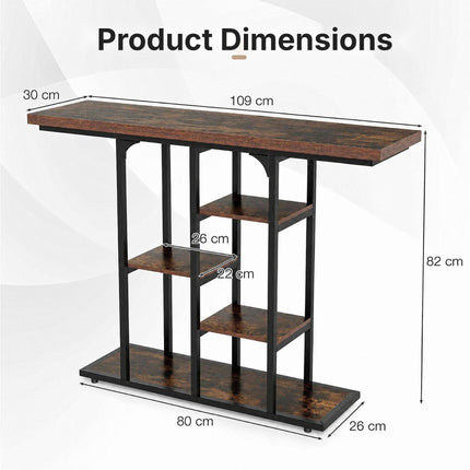 Narrow Console Table 109 cm with 4 Open Storage Shelves, Rustic Brown & Black
