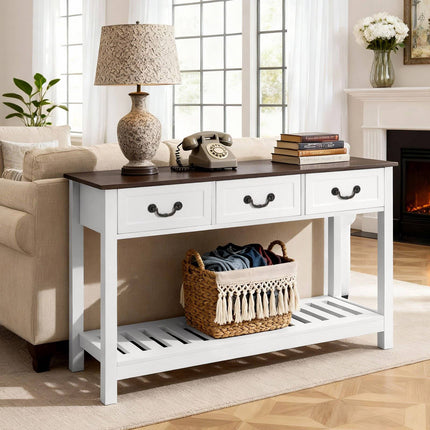 Narrow Console Table 120 cm, 3 Drawers, Shelf, Brown White