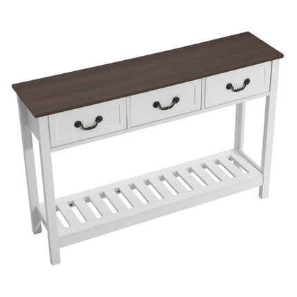 Narrow Console Table 120 cm, 3 Drawers, Shelf, Brown White
