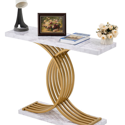 Narrow Console Table 39.4 In, Faux Marble Top, Metal Frame