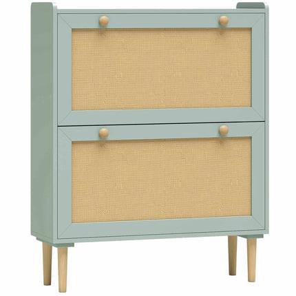Narrow Shoe Cabinet with 2 Flip Drawers for 12 Pairs, Light Green, Rattan Look