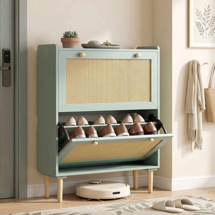 Narrow Shoe Cabinet with 2 Flip Drawers for 12 Pairs, Light Green, Rattan Look