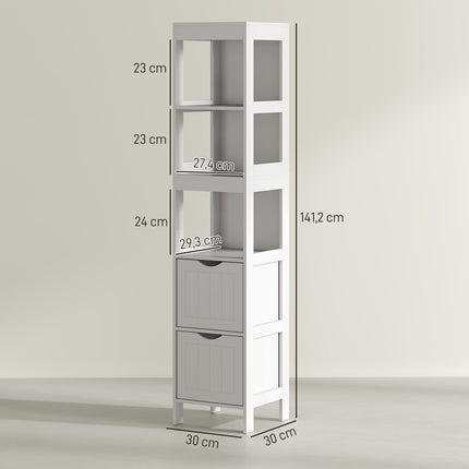 Dulap baie ingust, dulap WC inalt cu 2 sertare si 3 compartimente deschise, dulap baie pentru camere mici baie, living 30 x 30 x 141,2 cm alb
