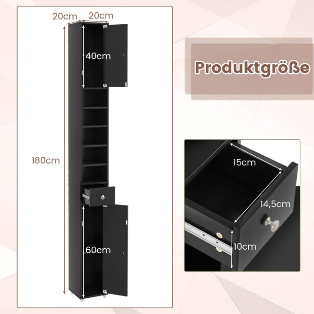 Dulap de baie îngust cu 2 uși și dulap înalt cu 1 sertar 20 x 20 x 180 cm negru