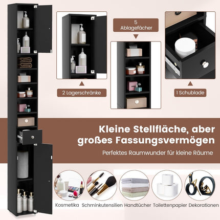 Narrow bathroom cabinet with 2 doors & 1 drawer tall cabinet 20 x 20 x 180 cm black