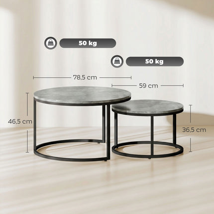 Set de măsuțe de cafea cuibărite, aspect ciment, cadru metalic