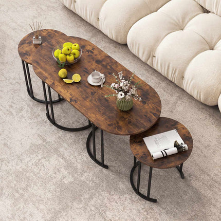 Set de măsuțe de cafea cuibărite, maro rustic, cadru metalic