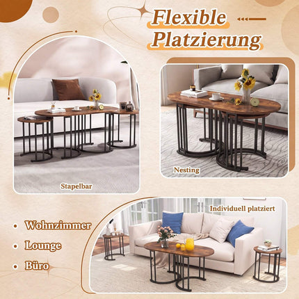 Set de măsuțe de cafea cuibărite, maro rustic, cadru metalic