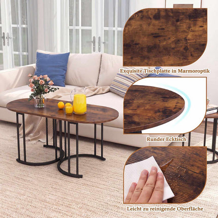 Set de măsuțe de cafea cuibărite, maro rustic, cadru metalic