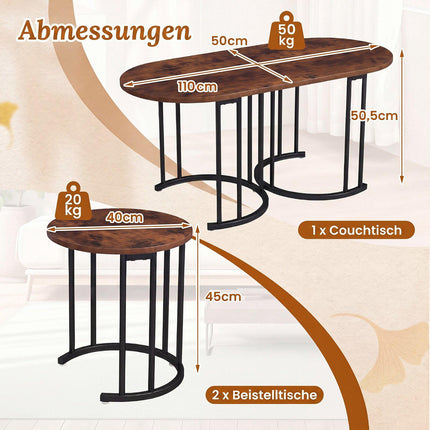 Set de măsuțe de cafea cuibărite, maro rustic, cadru metalic