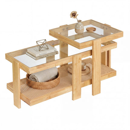 Set de măsuțe de cafea cuibărite, accent de ratan, sticlă securizată