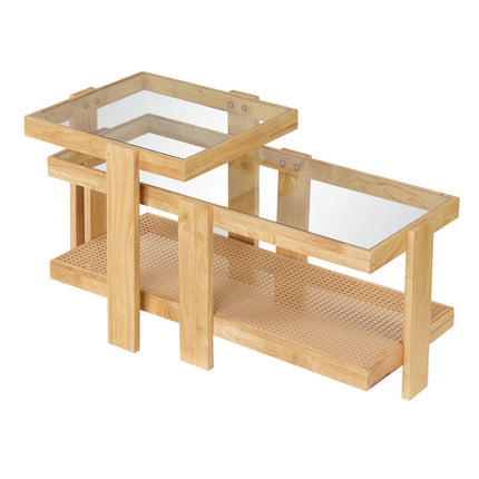 Set de măsuțe de cafea cuibărite, accent de ratan, sticlă securizată