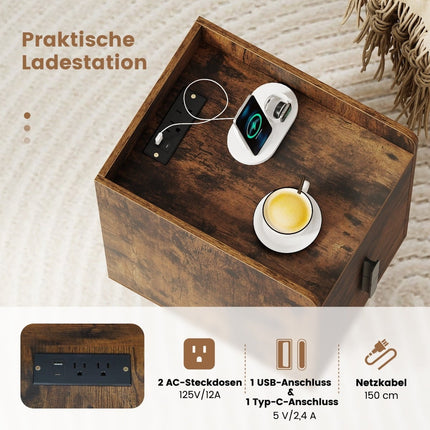 Noptieră cu stație de încărcare, 2 sertare, maro rustic
