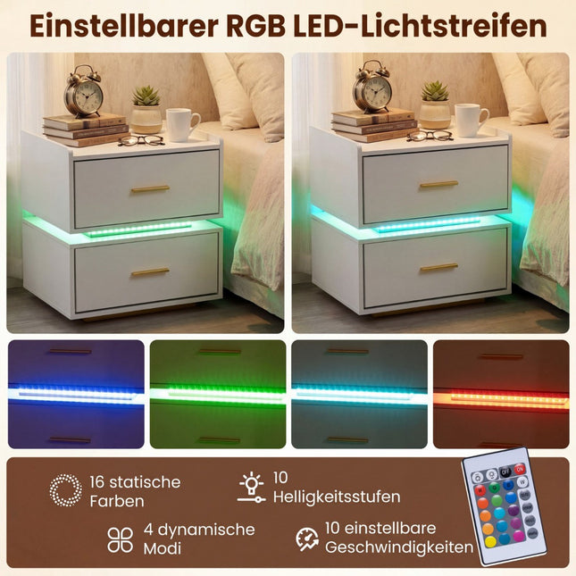Noptieră cu lumini LED și stație de încărcare, 2 sertare