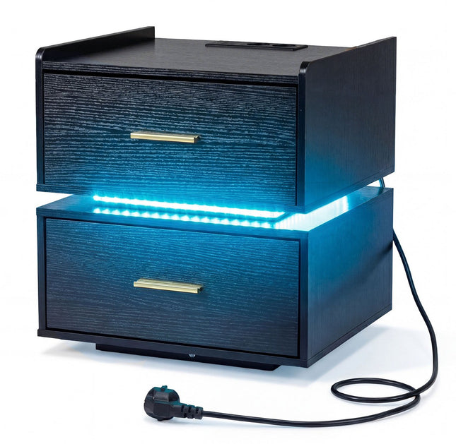Noptieră cu lumini LED și stație de încărcare, 2 sertare