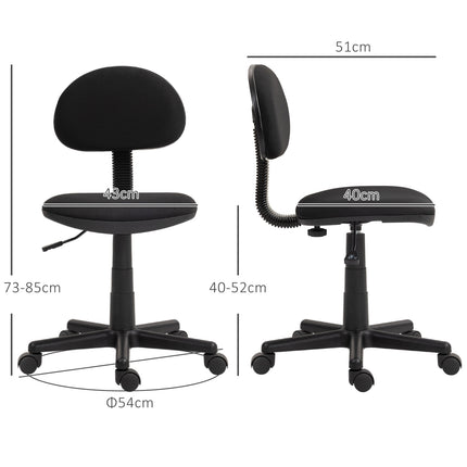 Scaun de birou, design fara brate, spatar jos, rulabil, pivotant, negru
