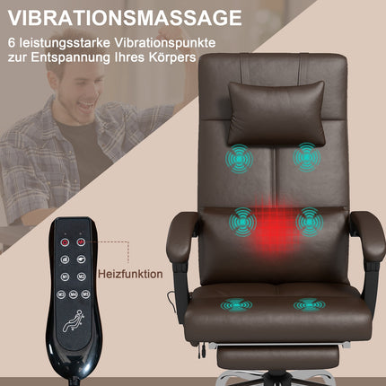 Scaun de birou cu funcție de masaj, scaun de birou ergonomic cu funcție de înclinare, tetiera, reglabil pe înălțime, maro